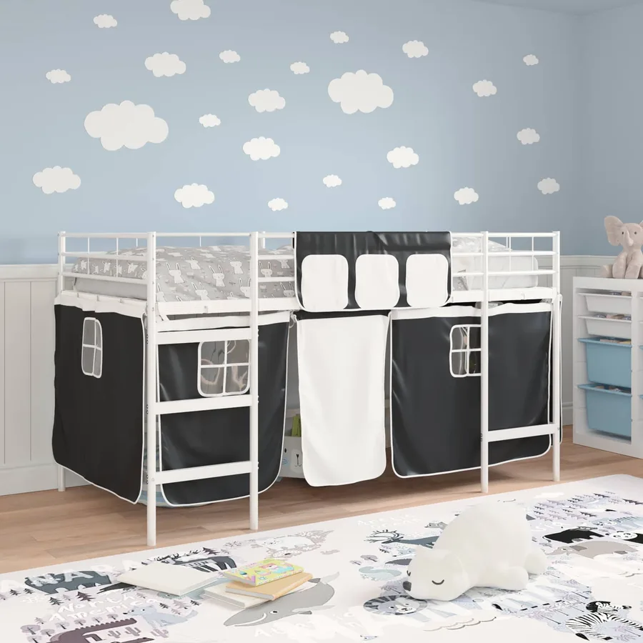 Cadre de Lit Mezzanine pour Enfants avec Rideaux Blanc et Noir - 3