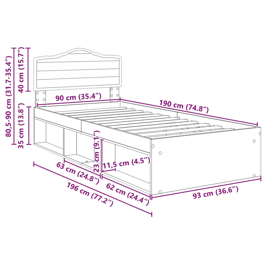 Cadre de lit Blanc 90 x 190 cm Bois de pin massif - 13