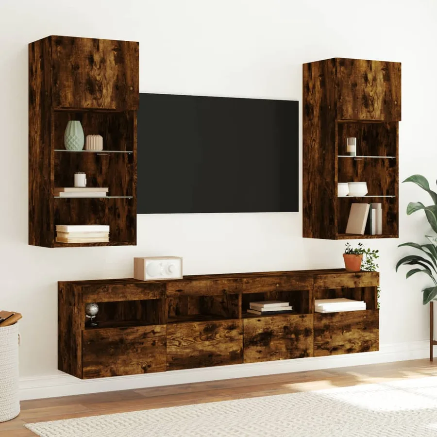 Unités murales TV avec LED 5 pcs chêne fumé bois d'ingénierie - 4