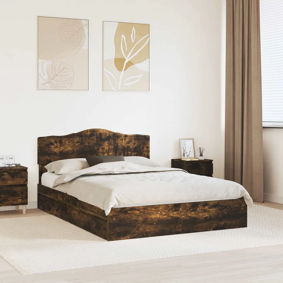 Lit de Rangement Chêne fumé 160 x 200 cm Bois d'ingénierie