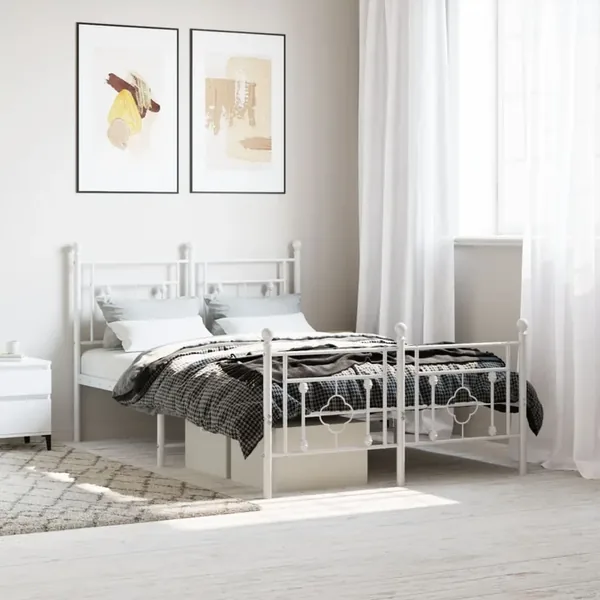 Cadre de lit métal sans matelas et pied de lit blanc 120x190 cm