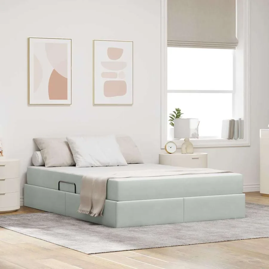 Lit avec rangement et matelas Gris clair 140 x 200 cm Velours