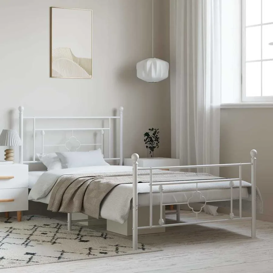 Cadre de lit métal sans matelas et pied de lit blanc 100x200 cm