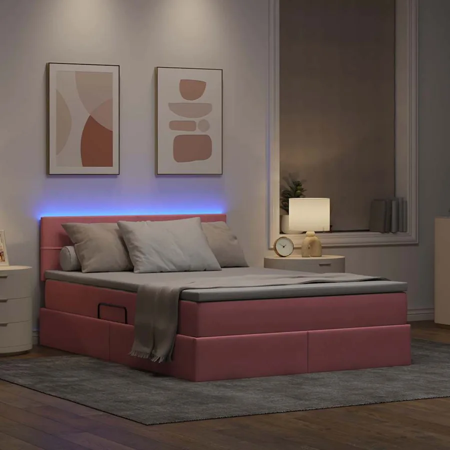 Lit de rangement LED avec matelas Rose 140 x 200 cm Velours - 5