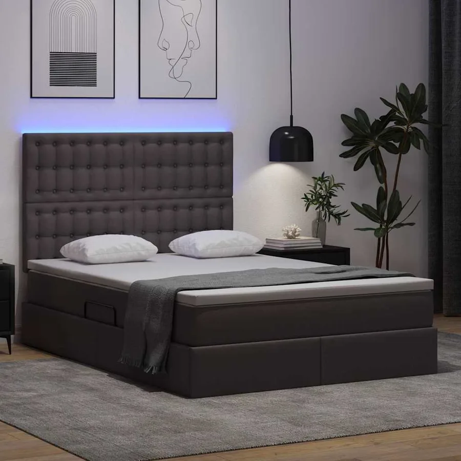 Lit avec rangement et LED Gris 140 x 200 cm Simili cuir - 5