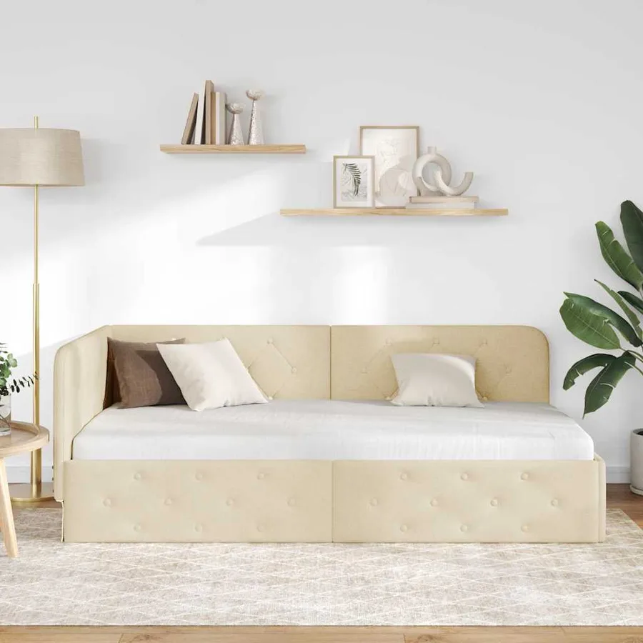 Cadre de lit d'angle Crème 90 x 190 cm tissu - 4