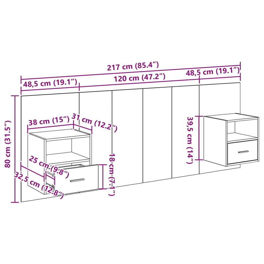 Tête de lit avec armoire 3 pcs Chêne artisanal - 16