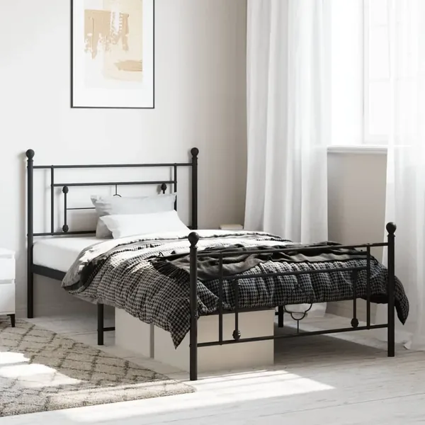 Cadre de lit métal sans matelas avec pied de lit noir 107x203cm