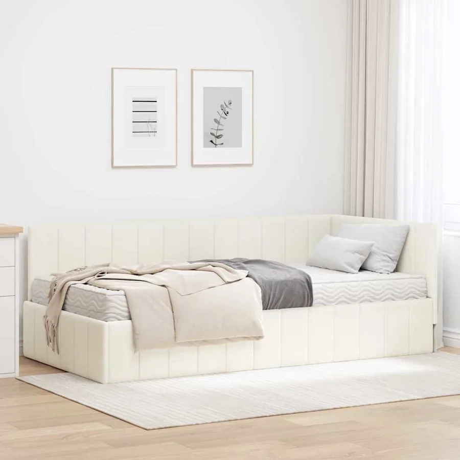 Cadre de lit d'angle avec matelas 2 pcs Crème Velours