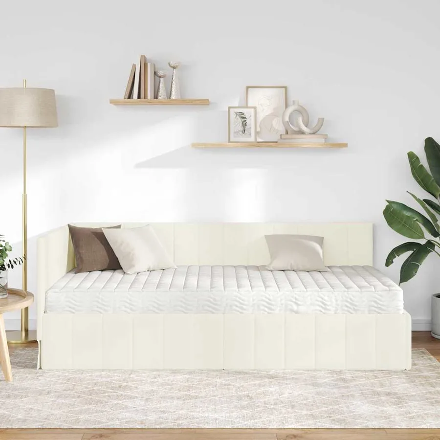 Cadre de lit d'angle avec matelas 2 pcs Crème Velours - 3