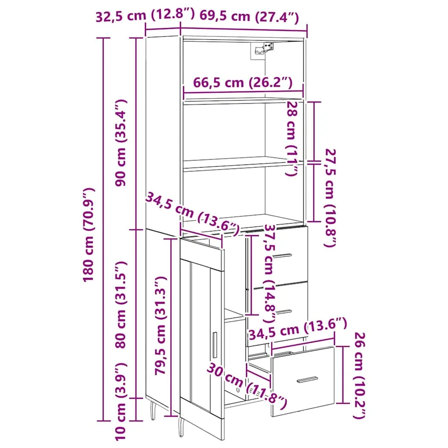 Haut Armoire avec tiroir Chêne noir 69,5 x 34 x 180 cm - 14