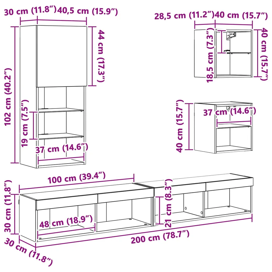 Unités murales TV avec LED 5 pcs Chêne noir Bois d'ingénierie - 16