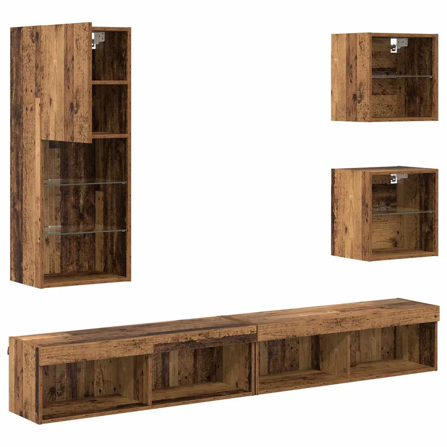 Unités murales TV avec LED 5 pcs Bois Ancien Bois d'ingénierie - 9
