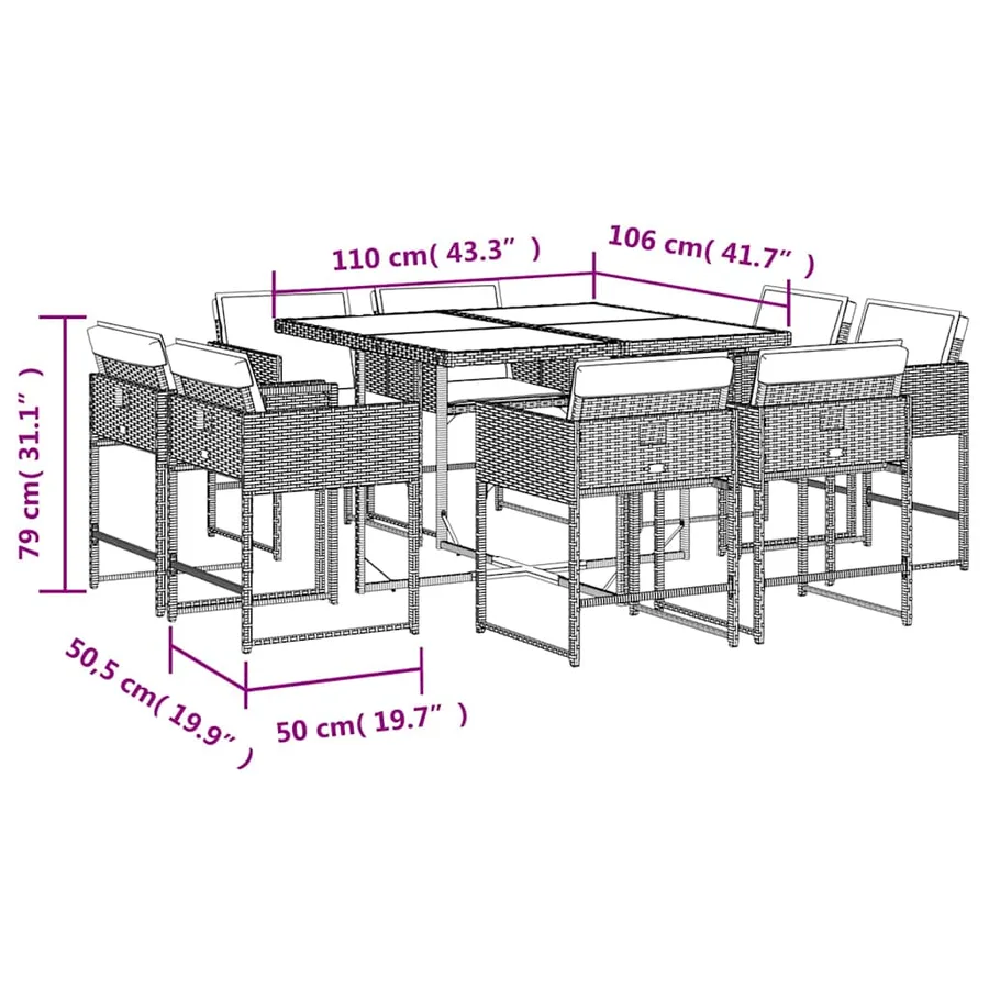 Ensemble à manger de jardin et coussins 9 pcs marron poly rotin - 5