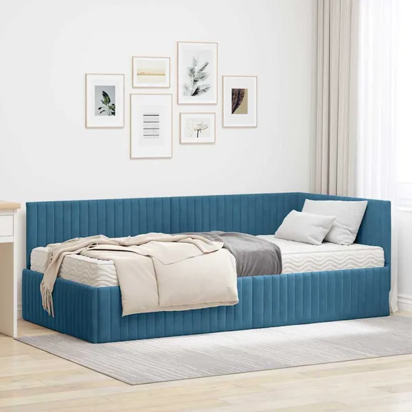 Cadre de lit d'angle avec matelas 2 pcs Bleu Velours