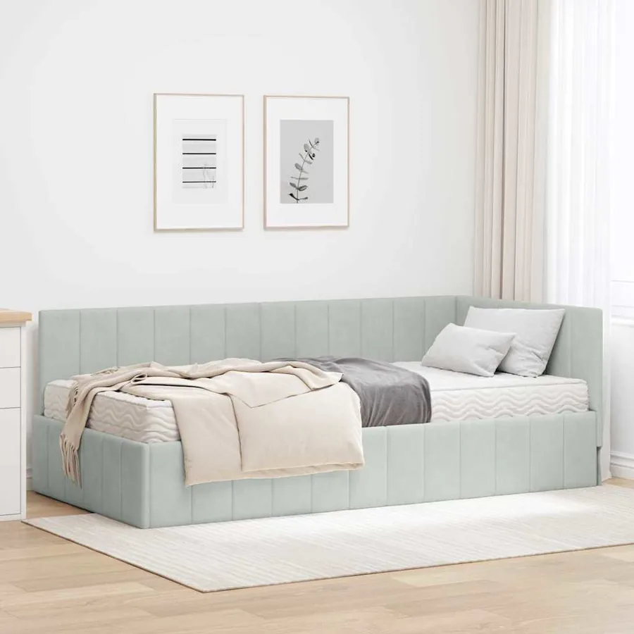 Cadre de lit d'angle avec matelas 2 pcs Gris clair Velours