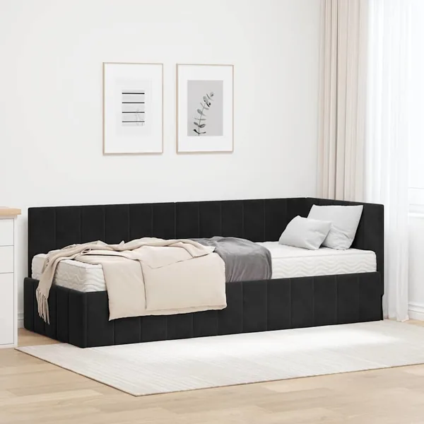 Cadre de lit d'angle avec matelas 2 pcs Noir Velours