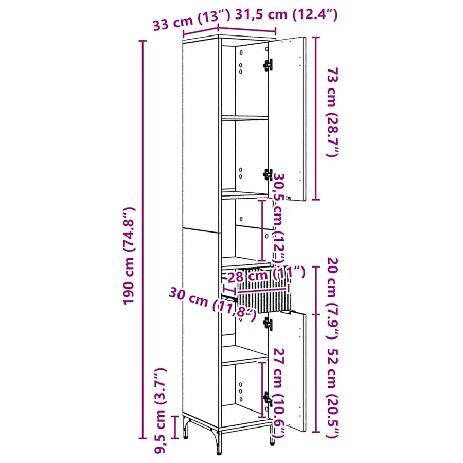 Cabinet de salle de bain Noir 31,5 x 33 x 190 cm - 15