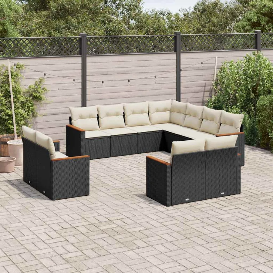 Salon de jardin 11 pcs avec coussins noir résine tressée