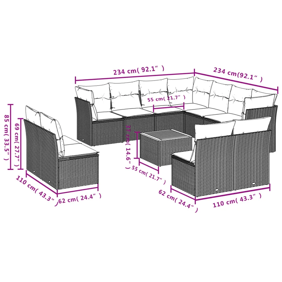 Salon de jardin 12 pcs avec coussins noir résine tressée - 3