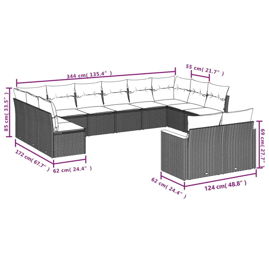 Salon de jardin 12 pcs avec coussins noir résine tressée - 7