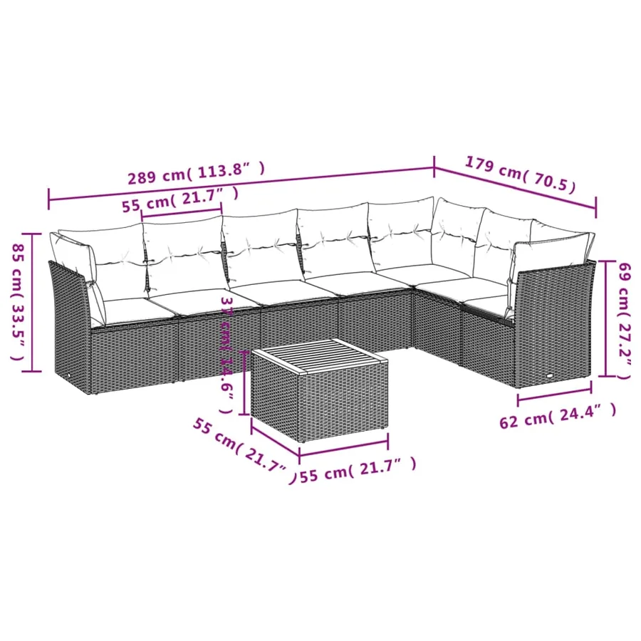 Salon de jardin 8 pcs avec coussins noir résine tressée - 3