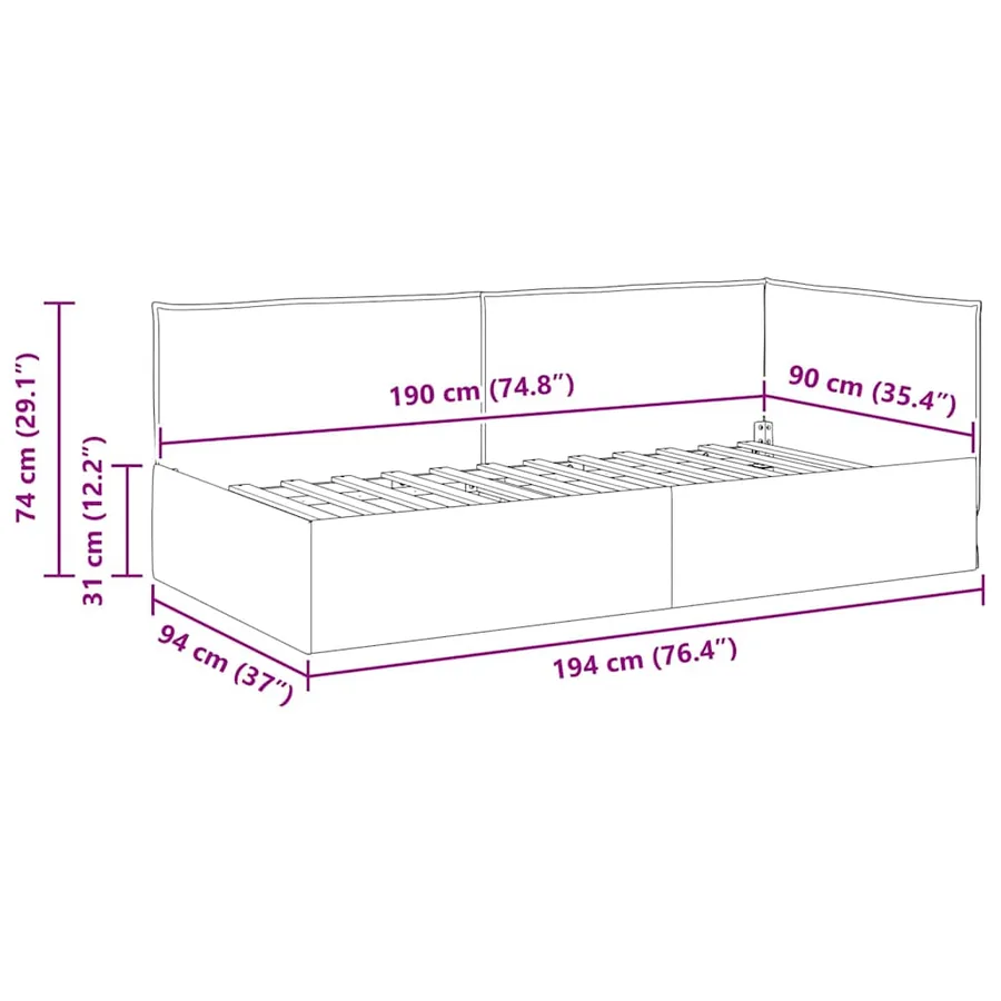 Cadre de lit d'angle Bordeaux 90 x 190 cm tissu - 11