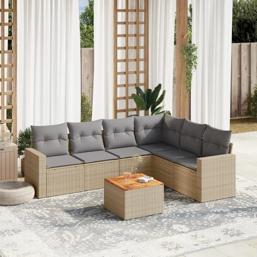 Salon de jardin avec coussins 7 pcs beige résine tressée