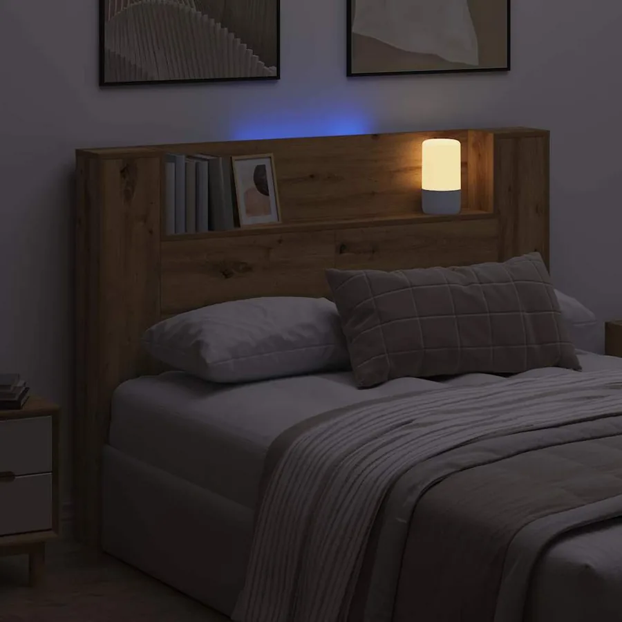 Tête de lit de rangement avec LED Chêne artisanal - 4