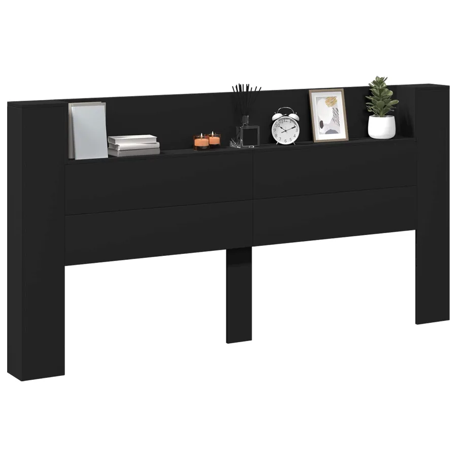 Tête de lit de rangement avec LED Noir Bois d'ingénierie - 3