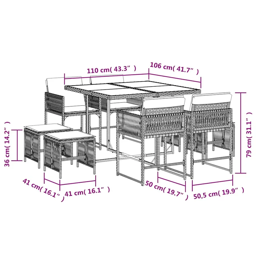 Ensemble à manger de jardin et coussins 9 pcs gris clair rotin - 11