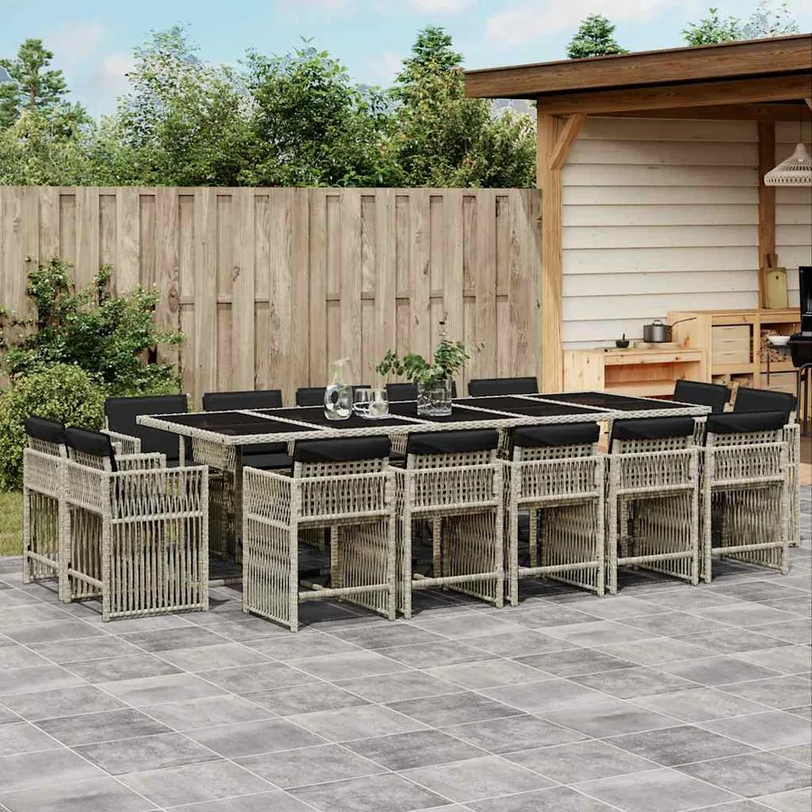 Ensemble à manger de jardin et coussins 15 pcs gris clair rotin