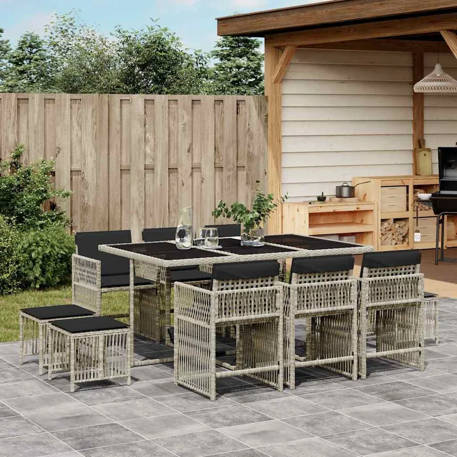 Ensemble à manger de jardin 11pcs avec coussins gris poly rotin