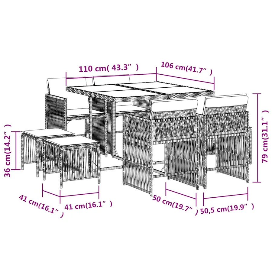 Ensemble à manger de jardin et coussins 9 pcs gris clair rotin - 11