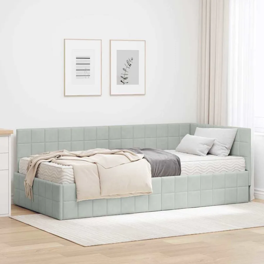 Cadre de lit d'angle avec matelas 2 pcs Gris clair Velours