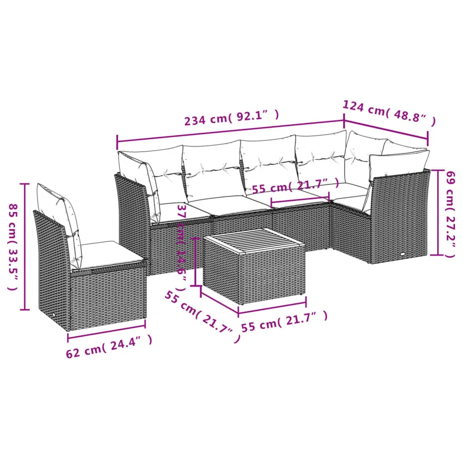Salon de jardin 7 pcs avec coussins noir résine tressée 62 x 62 x 69 cm - 56,4 kg - 3
