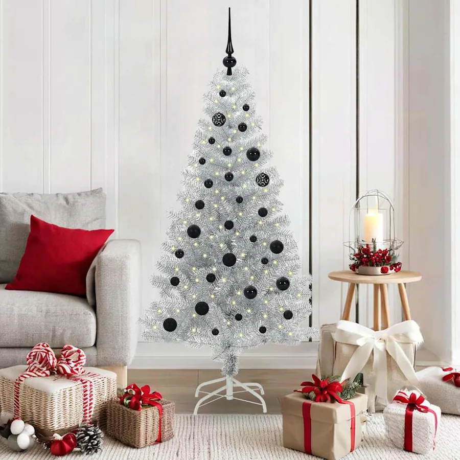 Sapin de Noël avec 150 LED avec support Argent 150 cm PET