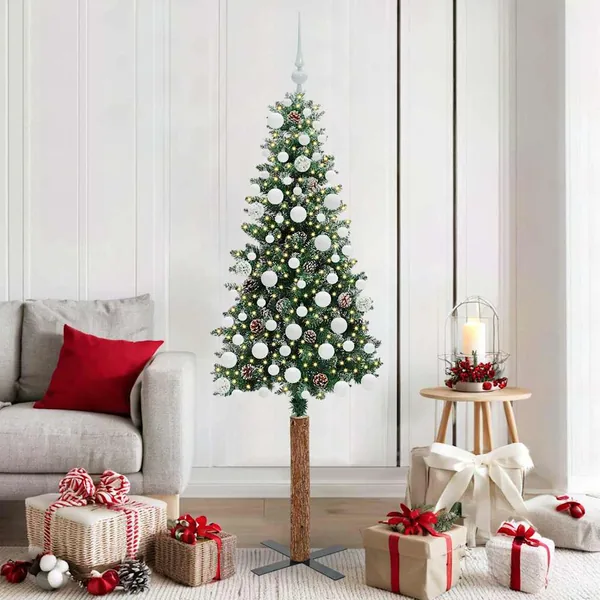 Sapin de Noël mince Vert 180 cm PVC et bois de pin massif