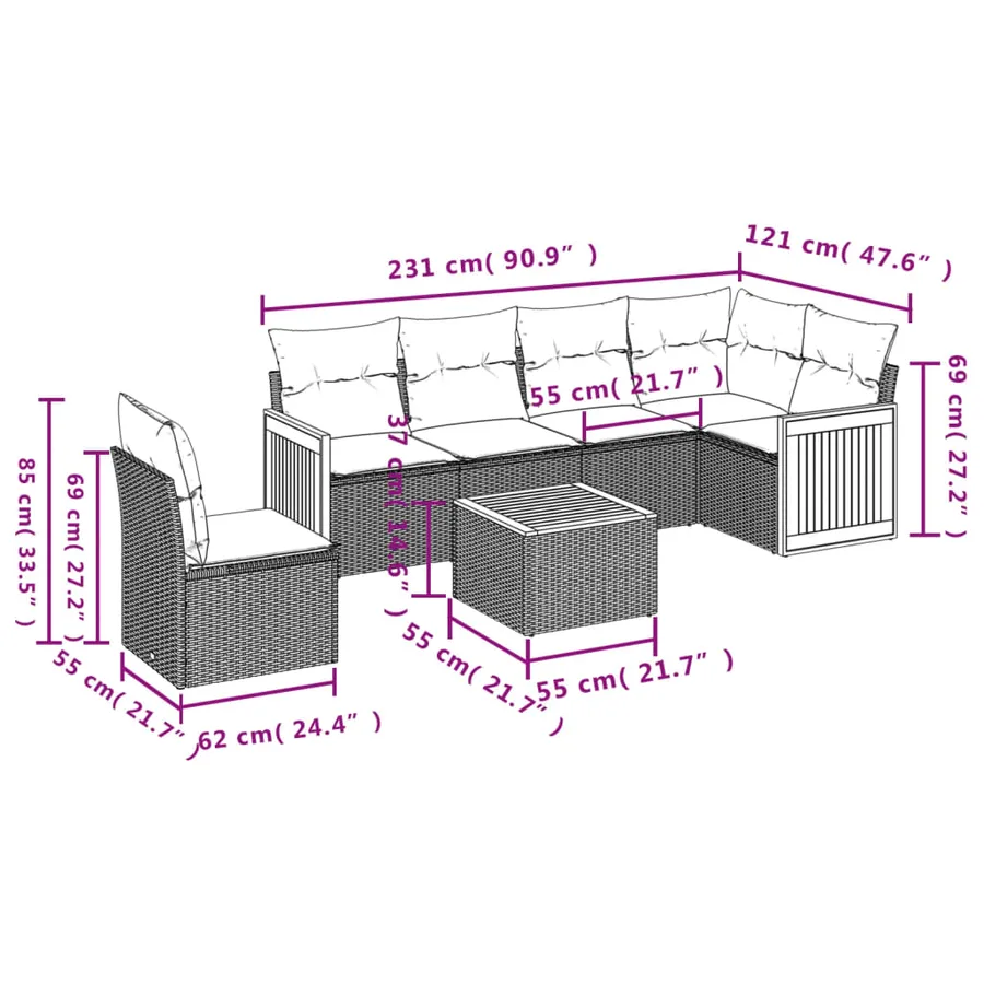 Salon de jardin 7 pcs avec coussins noir résine tressée 62 x 62 x 69 cm - 58,0 kg - 8