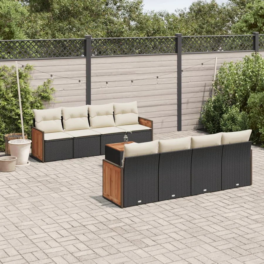Salon de jardin 9 pcs avec coussins noir résine tressée