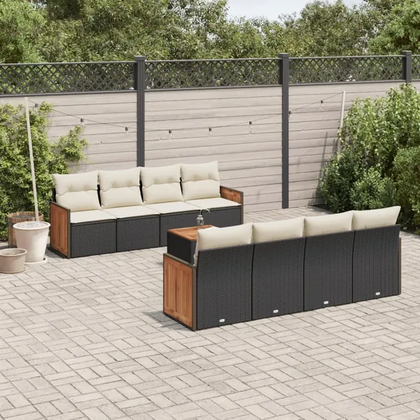 Salon de jardin 9 pcs avec coussins noir résine tressée