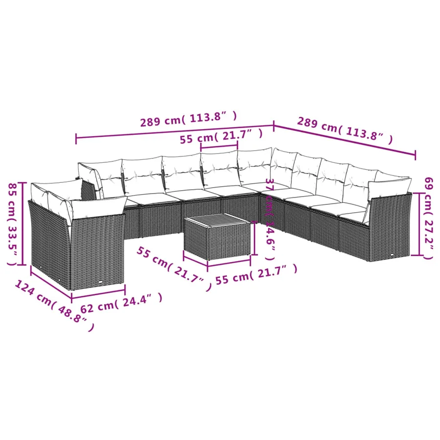 Salon de jardin 12 pcs avec coussins noir résine tressée - 3