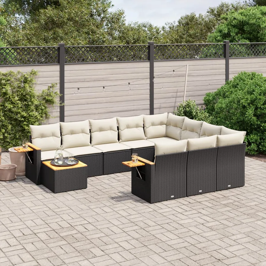 Salon de jardin 11 pcs avec coussins noir résine tressée