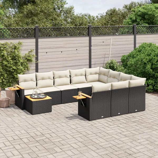 Salon de jardin 11 pcs avec coussins noir résine tressée