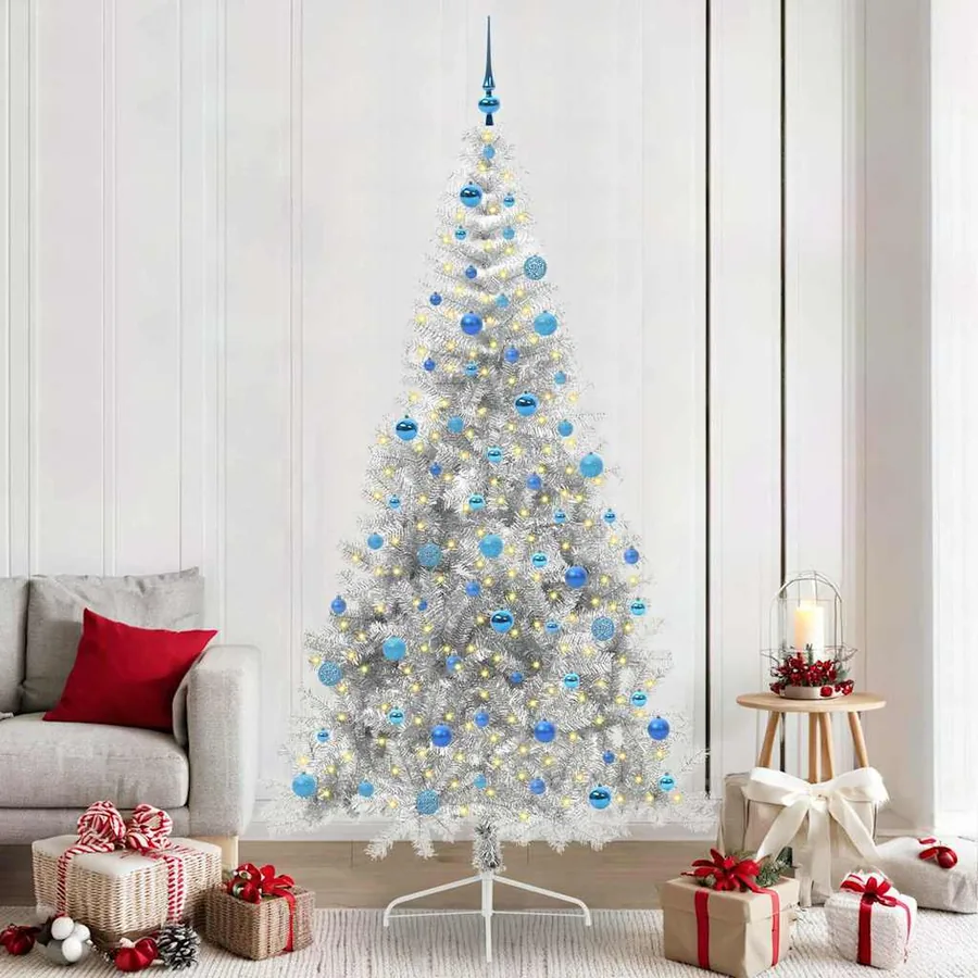 Sapin de Noël artificiel pré-éclairé Argent 240 cm PET