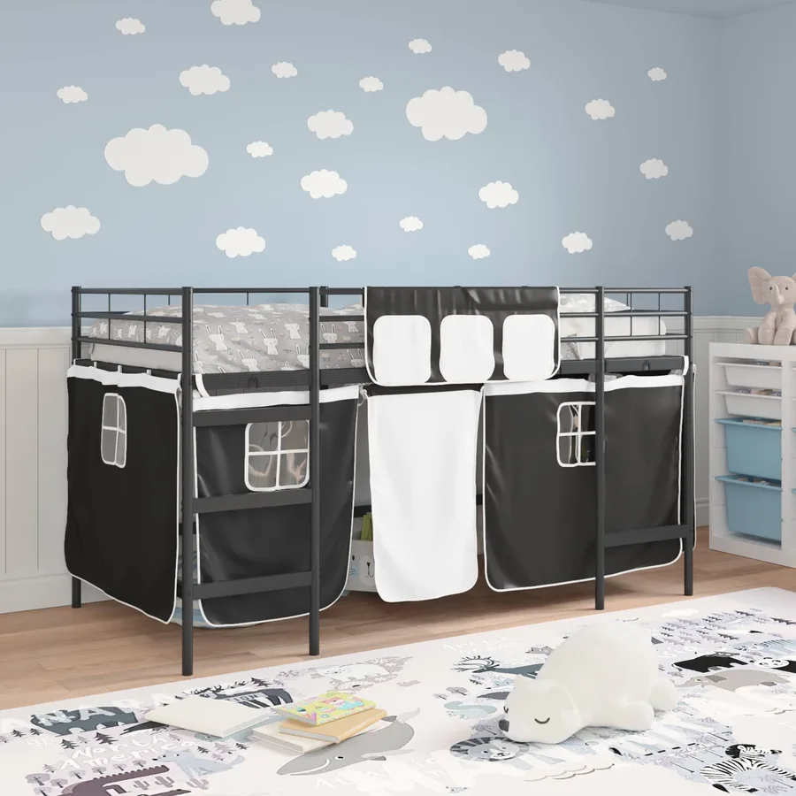 Cadre de Lit Mezzanine pour Enfants avec Rideaux Uni Noir - 3