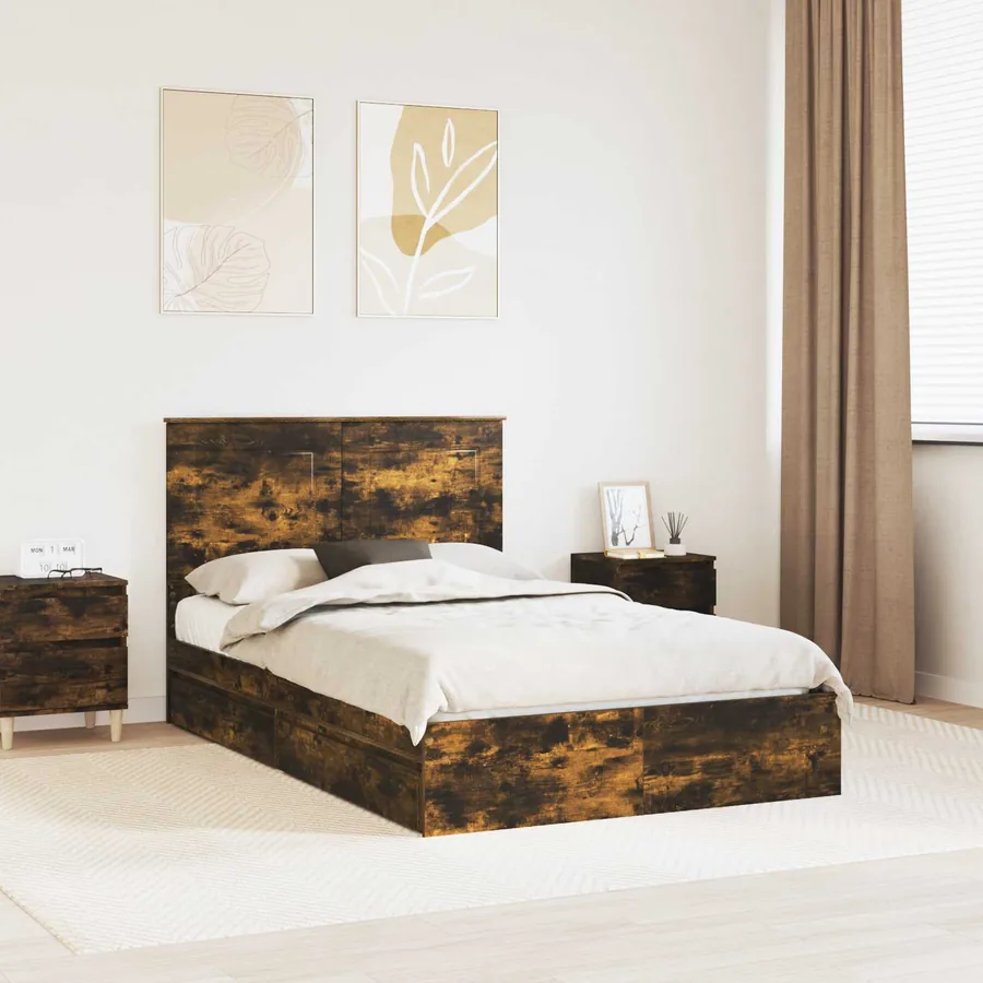 Lit de Rangement Chêne fumé 135 x 190 cm Bois d'ingénierie