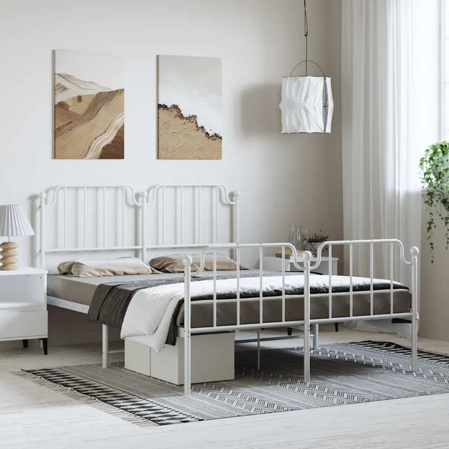 Cadre de lit métal sans matelas et pied de lit blanc 150x200 cm