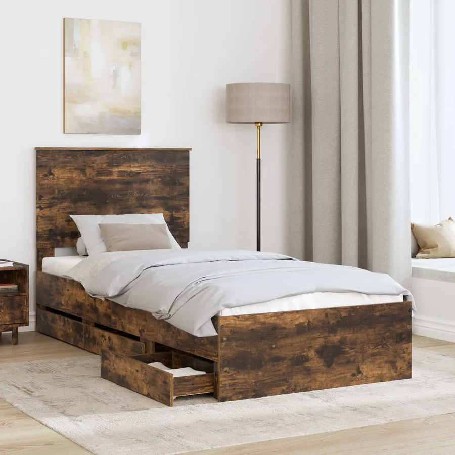 Cadre de lit avec tiroir Chêne fumé 75 x 190 cm Bois Ingénierie - 3