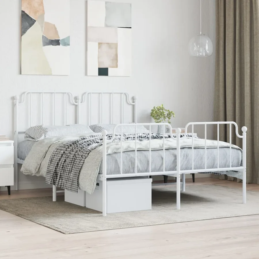 Cadre de lit métal sans matelas et pied de lit blanc 140x190 cm